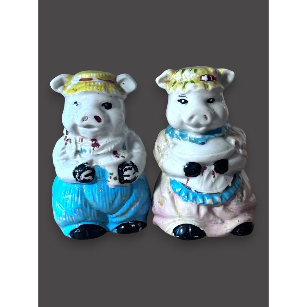 Vintage Anthropomorphic Pig Couple Salt and Pepper Shakers Hand Painted Ceramic